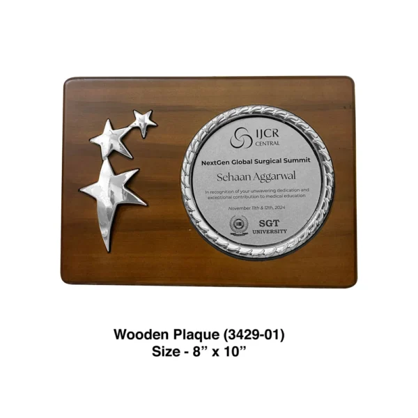 Elegant wooden plaque with a dark polished surface, customizable with text or logos, perfect for achievements and awards.