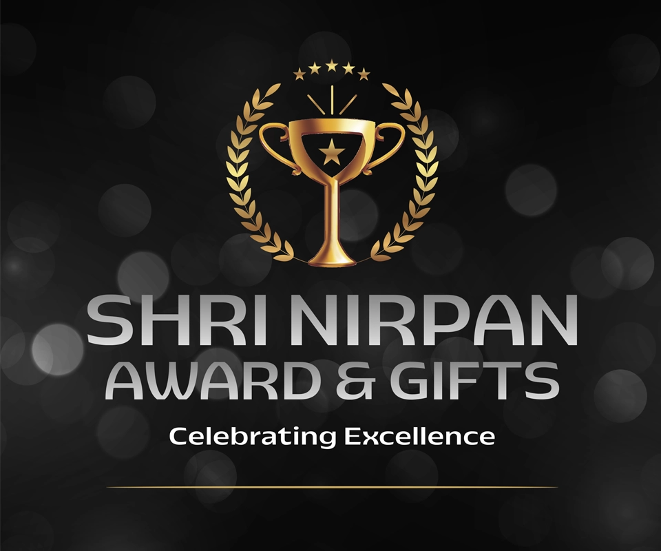Shri Nirpan Award & Gifts logo with golden trophy and laurel design, representing custom trophies, awards, corporate gifts and recognition products in Delhi.